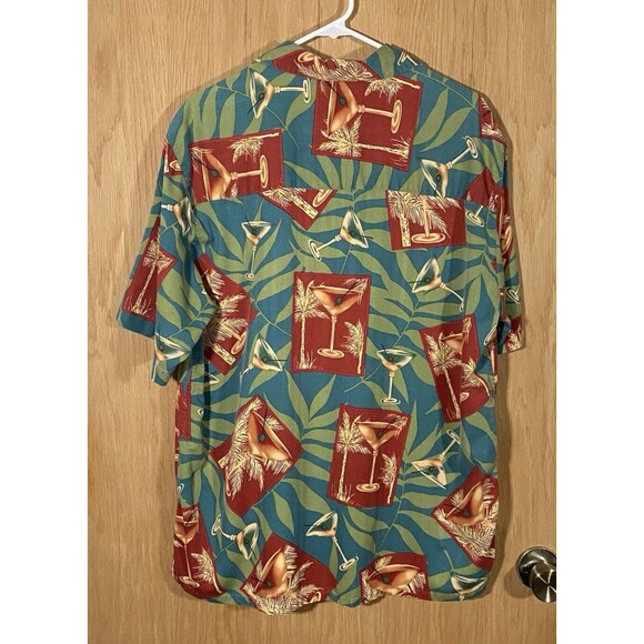 Silk Hawaiian Shirt Men's Sz Lg Martini & Palm Trees Banana Cabana Camp Shirt - Picture 2 of 6